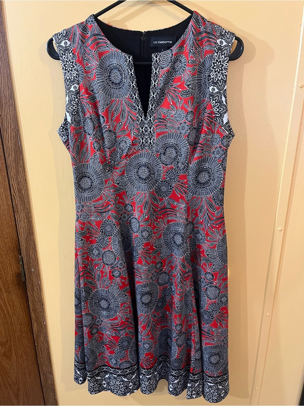 Liz Claiborne Red and Black Floral V-Notch A-Line Dress